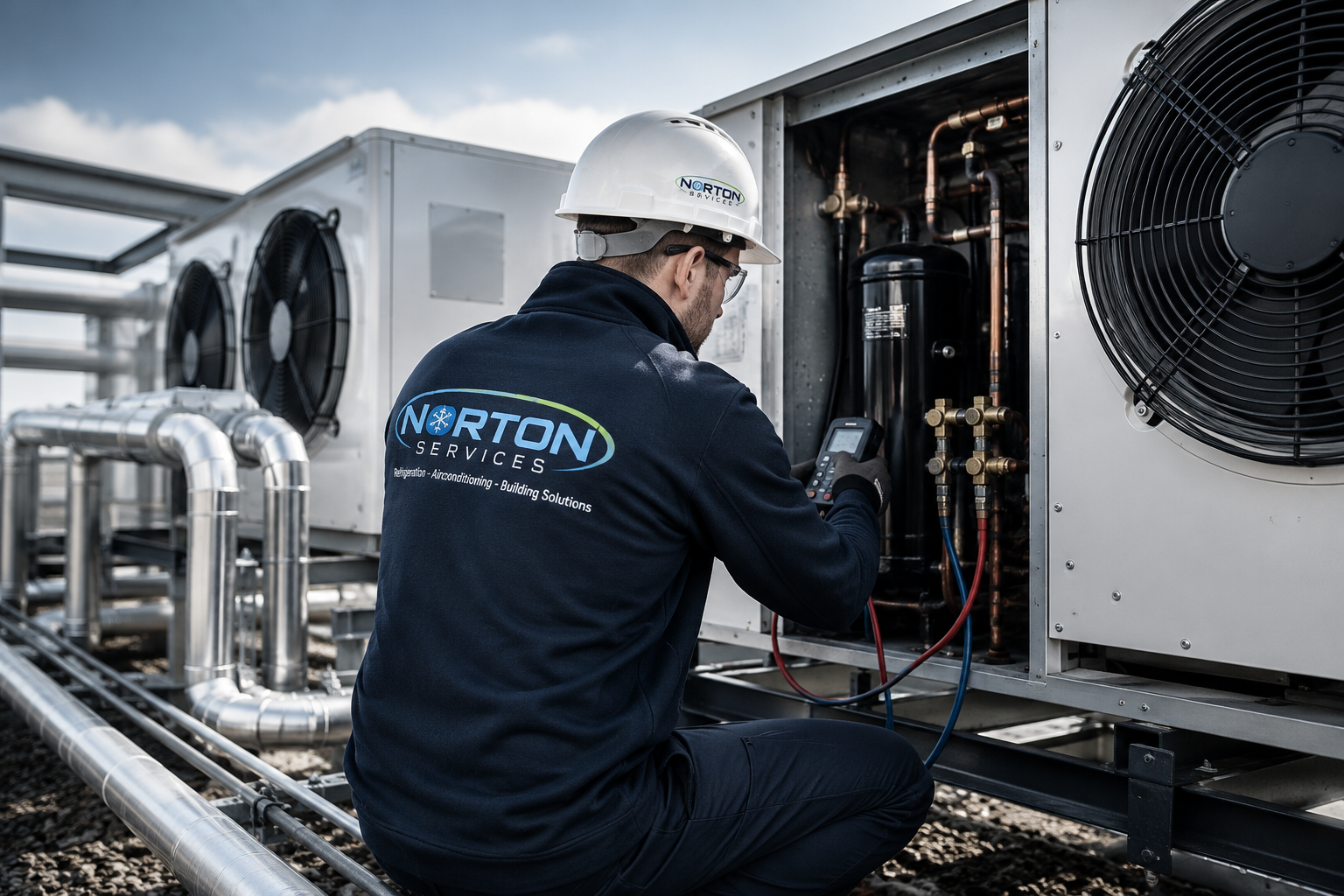 Norton Services engineer commissioning commercial HVAC equipment